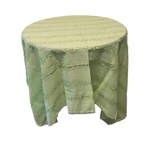 Vintage flocked textured floral flower pattern green white table cloth 58 x 46